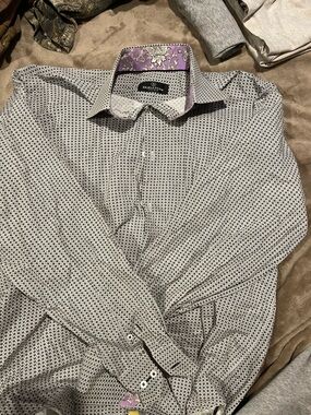 Bugatchi Men's Black & White Micro-Pattern Dress Shirt with Purple Collar Accent